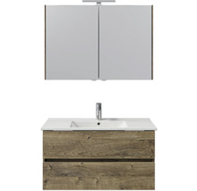 Badmöbel-Set Pelipal Cavallino BxHxT 100 x 200 x 46 cm Frontfarbe eiche ribbeck mit Keramik-Waschtisch weiß, Waschtischunterschrank und Spiegelschrank mit LED-Beleuchtung