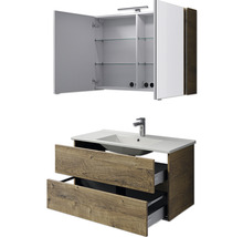 Badmöbel-Set Pelipal Cavallino BxHxT 100 x 200 x 46 cm Frontfarbe eiche ribbeck mit Keramik-Waschtisch weiß, Waschtischunterschrank und Spiegelschrank mit LED-Beleuchtung