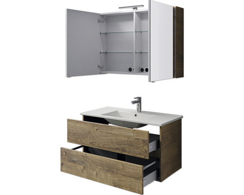 Badezimmermöbelset mit Waschtischunterschrank, Waschbecken und Spiegelschrank