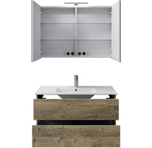 Badmöbel-Set Pelipal Cavallino BxHxT 100 x 200 x 46 cm Frontfarbe eiche ribbeck mit Keramik-Waschtisch weiß, Waschtischunterschrank und Spiegelschrank mit LED-Beleuchtung