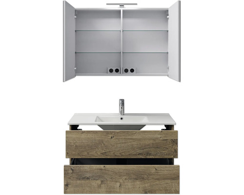 Badezimmermöbel-Set mit Waschbeckenunterschrank in Holzoptik und Spiegelschrank mit Innenfächern