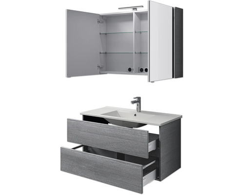 Waschbeckenunterschrank mit zwei Schubladen und Spiegelschrank mit Regalböden für das Badezimmer