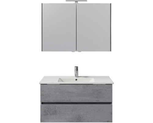 Waschtisch mit zwei Schubladen, Aufsatzwaschbecken, Armatur und Spiegelschrank mit Beleuchtung