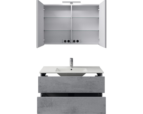 Waschtischkombination mit Spiegelschrank, Waschbecken, Armatur und Unterschrank mit Schubladen