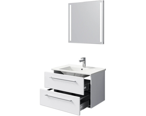Badezimmerset mit Waschbeckenunterschrank, zwei Schubladen, Waschtisch und Spiegel