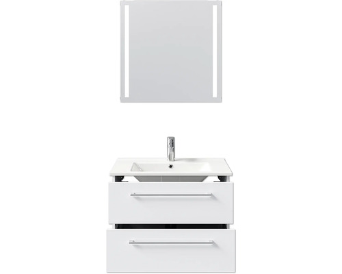 Waschtisch mit zwei Schubladen, Aufsatzwaschbecken und beleuchtetem Spiegel