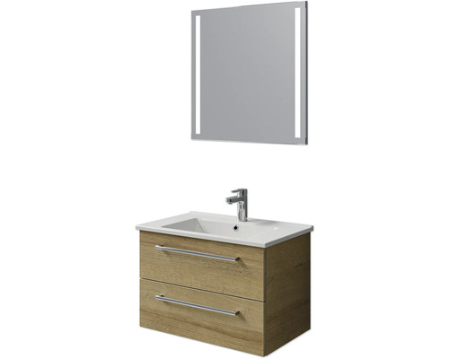 Badmöbel-Set Pelipal Cavallino BxHxT 75 x 200 x 45 cm Frontfarbe eiche riviera mit Keramik-Waschtisch weiß, Waschtischunterschrank mit Griff und Spiegel