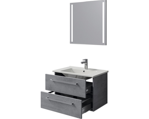 Waschtisch mit zwei Schubladen, Aufsatzwaschbecken und beleuchtetem Spiegel