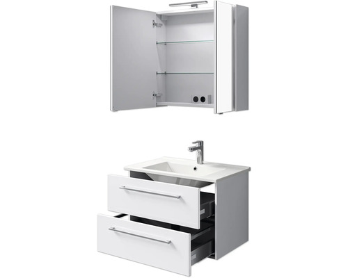 Waschtischkombination mit zwei Schubladen, Waschbecken und Spiegelschrank mit offenen Türen und Glasböden für das Badezimmer