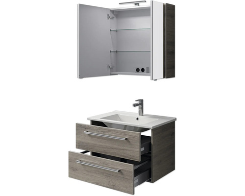 Badezimmermöbel Set mit Waschbeckenunterschrank, zwei Schubladen und Spiegelschrank mit offenen Türen und Glasböden