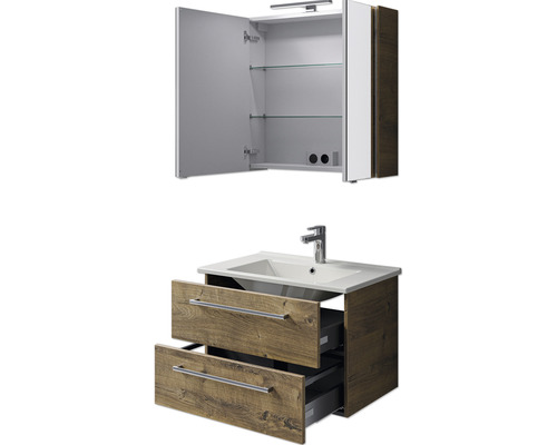 Waschtisch mit zwei Schubladen und Spiegelschrank mit offenen Türen und Glasböden