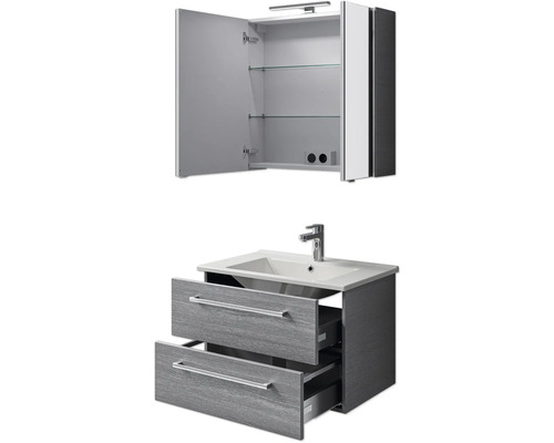 Badezimmer-Set mit Waschbeckenunterschrank, zwei Schubladen, Waschbecken und Spiegelschrank mit geöffneten Türen