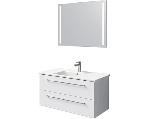 Badmöbel-Set Pelipal Cavallino BxHxT 100 x 200 x 46 cm Frontfarbe weiß hochglanz mit Keramik-Waschtisch weiß, Waschtischunterschrank mit Griff und Spiegel