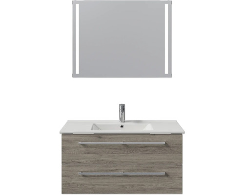 Waschtisch mit Waschbecken und Spiegel mit Beleuchtung