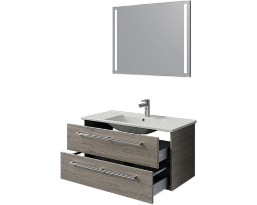 Badezimmer Waschtischkombination mit offenem Schubladensystem und Spiegel