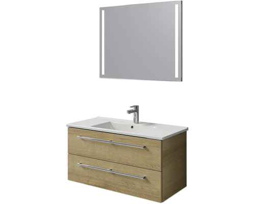 Badmöbel-Set Pelipal Cavallino BxHxT 100 x 200 x 46 cm Frontfarbe eiche riviera mit Keramik-Waschtisch weiß, Waschtischunterschrank mit Griff und Spiegel Waschtisch mit Unterschrank und Spiegel mit Beleuchtung für das Badezimmer