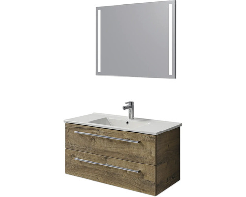 Badmöbel-Set Pelipal Cavallino BxHxT 100 x 200 x 46 cm Frontfarbe eiche ribbeck mit Keramik-Waschtisch weiß, Waschtischunterschrank mit Griff und Spiegel Waschtischkombination mit Waschbecken, Unterschrank und Spiegel mit Beleuchtung für das Badezimmer
