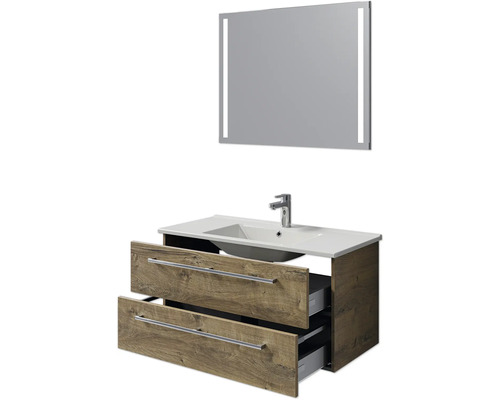 Waschtisch mit zwei Schubladen, Aufsatzwaschbecken und Spiegel mit LED-Beleuchtung für das Badezimmer