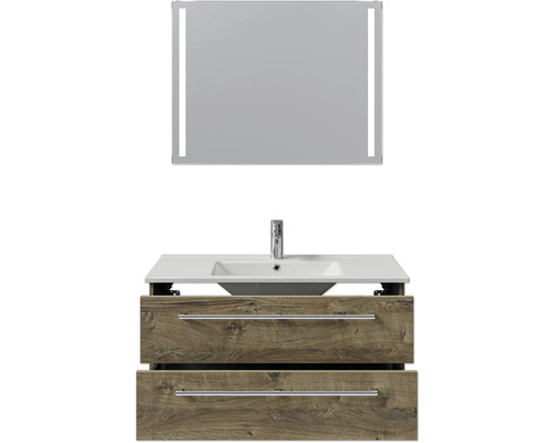 Waschtischkombination mit zwei Schubladen, Aufsatzwaschbecken und beleuchtetem Spiegel