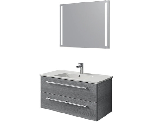 Badmöbel-Set Pelipal Cavallino BxHxT 100 x 200 x 46 cm Frontfarbe graphit struktur quer mit Keramik-Waschtisch weiß, Waschtischunterschrank mit Griff und Spiegel