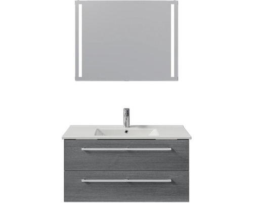 Badezimmer mit Spiegel und Waschbeckenunterschrank mit zwei Schubladen