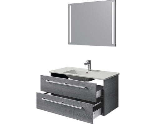 Waschtischkombination mit Waschbecken, Armatur, Unterschrank mit Schubladen und Spiegel mit Beleuchtung für das Badezimmer