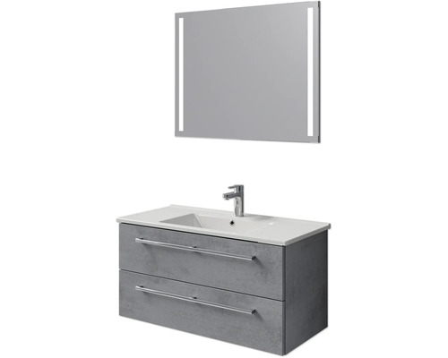 Badmöbel-Set Pelipal Cavallino BxHxT 100 x 200 x 46 cm Frontfarbe oxid dunkelgrau mit Keramik-Waschtisch weiß, Waschtischunterschrank mit Griff und Spiegel