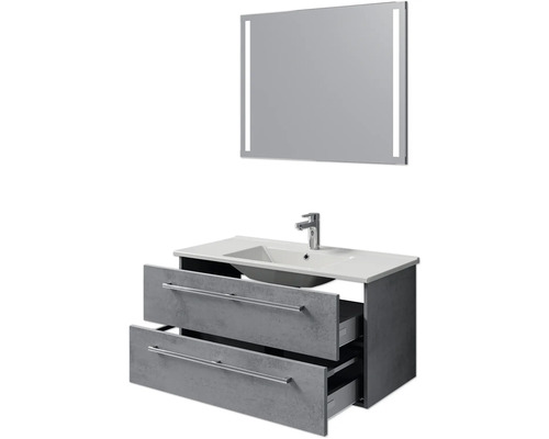Waschtischunterschrank mit zwei Schubladen, Aufsatzwaschbecken und Spiegel mit Beleuchtung für das Badezimmer