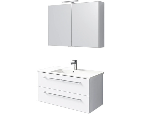 Badmöbel-Set Pelipal Cavallino BxHxT 100 x 200 x 46 cm Frontfarbe weiß hochglanz mit Keramik-Waschtisch weiß, Waschtischunterschrank mit Griff und Spiegelschrank mit LED-Beleuchtung