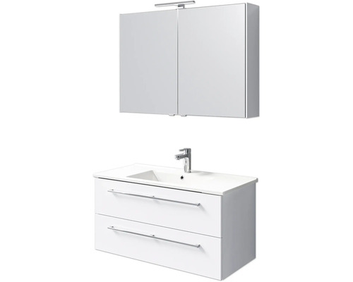 Badmöbel-Set Pelipal Cavallino BxHxT 100 x 200 x 46 cm Frontfarbe weiß hochglanz mit Keramik-Waschtisch weiß, Waschtischunterschrank mit Griff und Spiegelschrank mit LED-Beleuchtung Badezimmer Waschtisch mit zwei Schubladen, Aufsatzwaschbecken und Spiegelschrank mit Beleuchtung