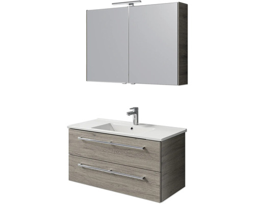 Badmöbel-Set Pelipal Cavallino BxHxT 100 x 200 x 46 cm Frontfarbe eiche sanremo mit Keramik-Waschtisch weiß, Waschtischunterschrank mit Griff und Spiegelschrank mit LED-Beleuchtung Waschtisch mit zwei Schubladen, Waschbecken und Spiegelschrank mit Beleuchtung
