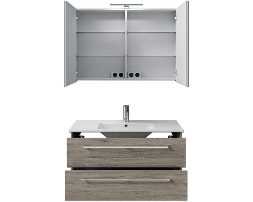 Badezimmermöbel-Set mit Waschbeckenunterschrank, Waschtisch und Spiegelschrank mit offenen Türen
