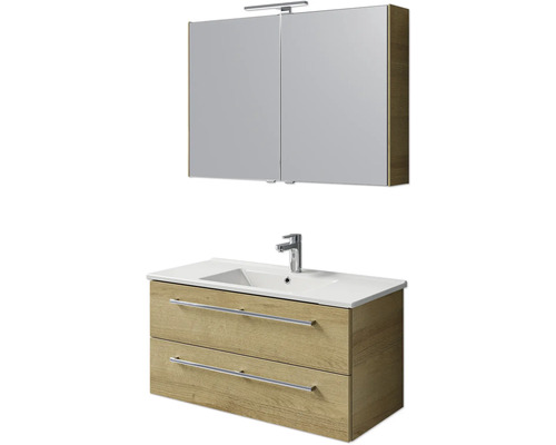 Badmöbel-Set Pelipal Cavallino BxHxT 100 x 200 x 46 cm Frontfarbe eiche riviera mit Keramik-Waschtisch weiß, Waschtischunterschrank mit Griff und Spiegelschrank mit LED-Beleuchtung Badezimmer-Set mit Waschtischunterschrank, Waschbecken und Spiegelschrank
