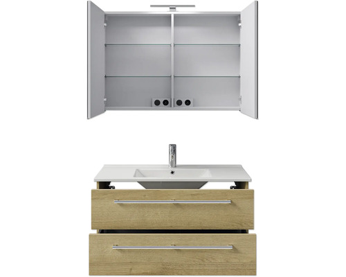 Waschtischkombination mit Spiegelschrank, Waschbecken und Unterschrank mit Schubladen