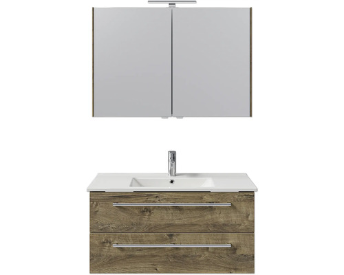 Waschtischkombination mit Spiegelschrank, Waschbecken, Armatur und zwei Schubladen