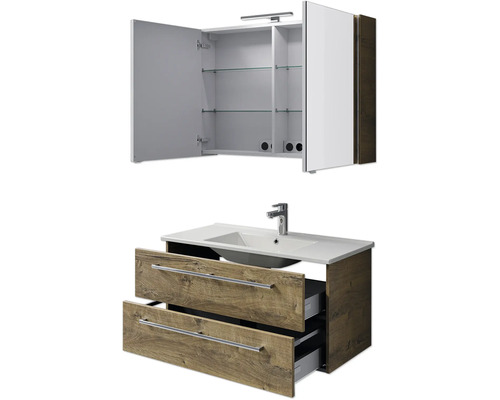 Waschtischkombination mit Spiegelschrank, Waschbecken und zwei Schubladen