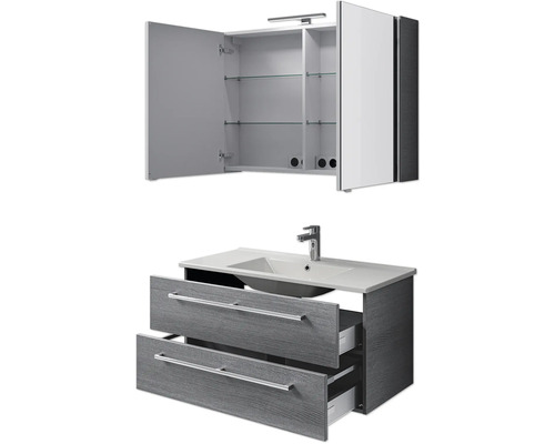 Waschbeckenunterschrank mit zwei Schubladen und Spiegelschrank mit offenen Türen und Regalen