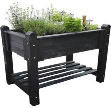 Hochbeet aus Holz mit Kräutern und Ablagefläche