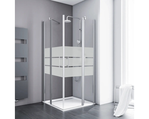 Eckeinstieg Schulte Galaxy 90x90 cm Dekor Depoli Light Profilfarbe aluminium Quadratische Duschkabine mit Duschkopf und Milchglaselementen