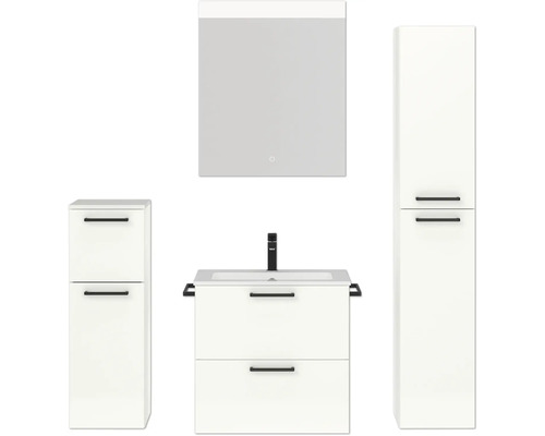 Badmöbel-Set NOBILIA Programm 2 BxHxT 140 x 169,1 x 48,7 cm Frontfarbe weiß hochglanz mit Möbel-Waschtisch und Spiegelschrank 1-türig mit LED-Beleuchtung Unterschrank Midischrank Griff schwarz 194 Badmöbelset mit Spiegelschrank, Waschtischunterschrank und Hochschrank