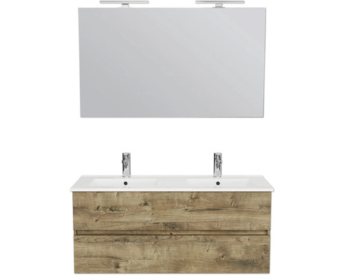 Waschtisch mit zwei Waschbecken, Unterschrank und Spiegel