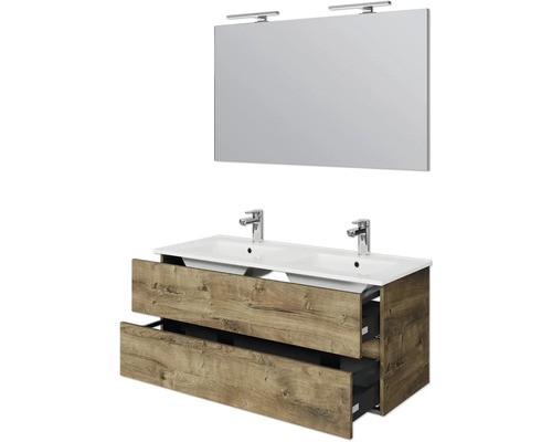 Waschtischkombination mit zwei Waschbecken, Holzdekor, Unterschrank mit Schubladen und Spiegel mit Beleuchtung