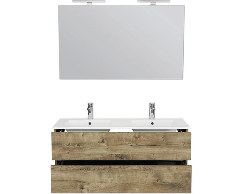 Badezimmermöbelset mit Doppelwaschtisch, Unterschrank mit zwei Schubladen und Spiegel