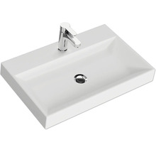Rechteckiges Waschbecken aus Keramik mit Armatur