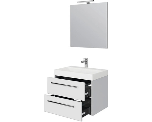 Badezimmerset mit Waschbeckenunterschrank, zwei Schubladen, Waschbecken und Spiegel mit Beleuchtung