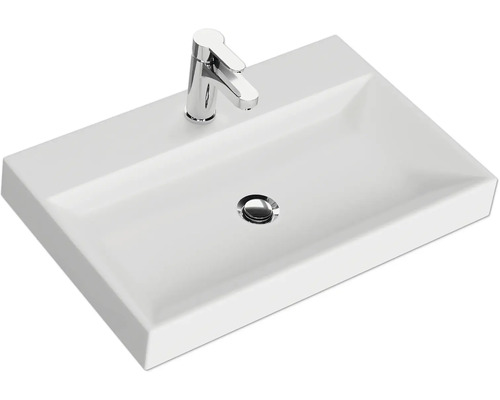 Rechteckiges Aufsatzwaschbecken aus Keramik mit Armatur