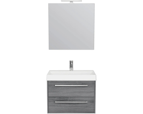 Badezimmermöbel Set mit Waschbecken, Unterschrank mit zwei Schubladen und Spiegel mit Lampe