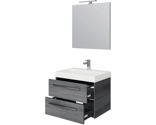 Waschtischkombination mit offenem Schubladensystem, Spiegel und Beleuchtung