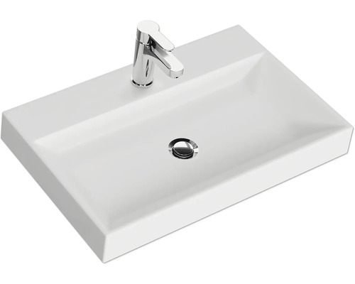 Rechteckiges Aufsatzwaschbecken aus Keramik mit Armatur
