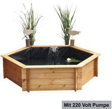 Hexagonaler Gartenteich aus Holz mit Pumpe